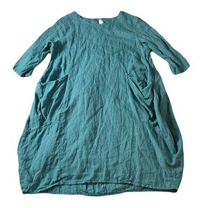 New Collection Boho Lagenlook Dusty Aqua Tunic Top Mini Dress Linen Pockets